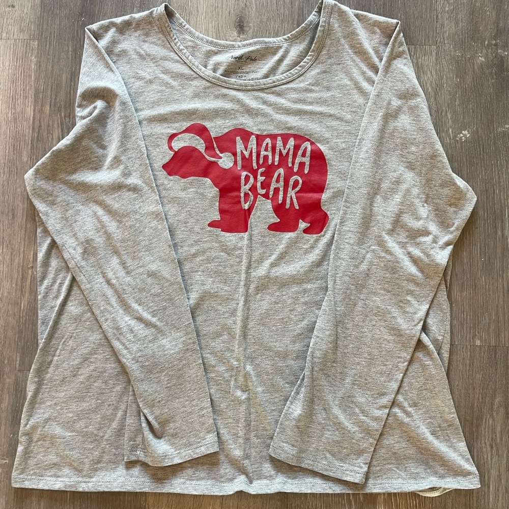 North Pole Co Mama Bear Loungewear Top Grey Red Size XL Long Sleeve Christmas